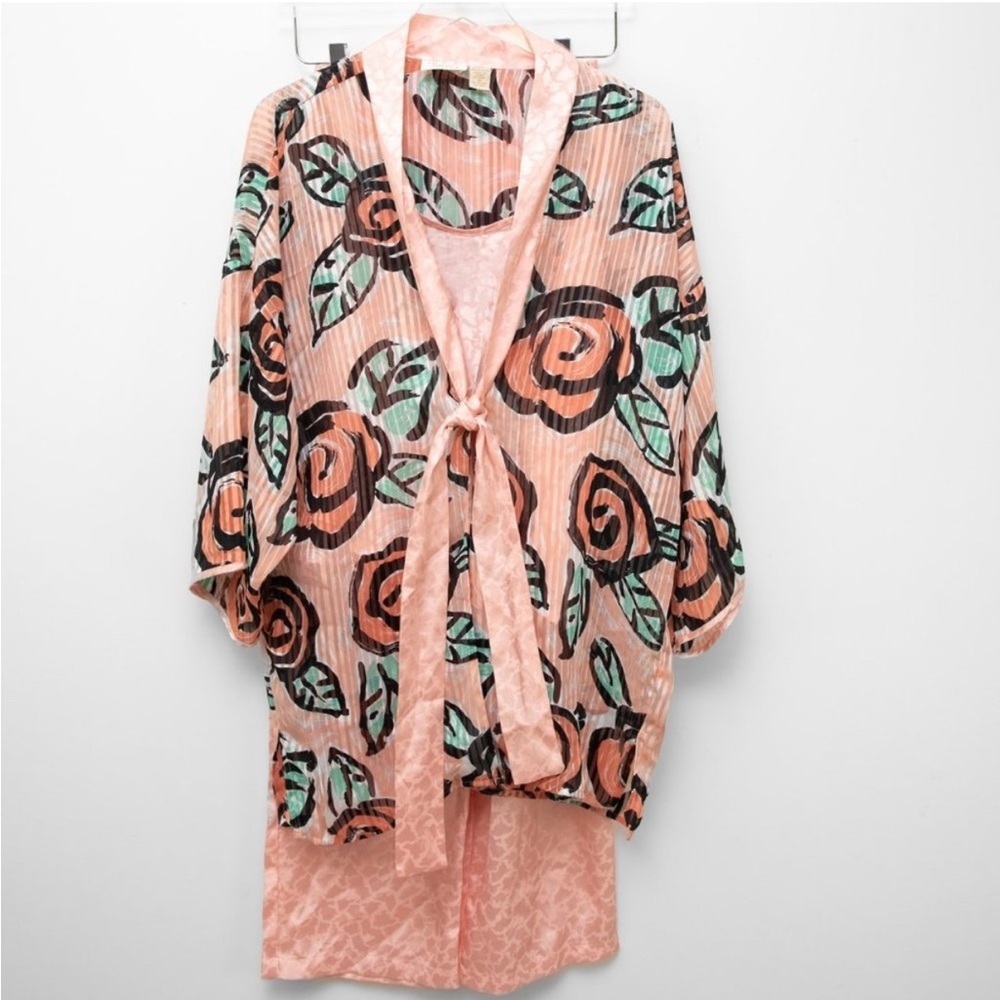 Vintage Victoria's Secret Gold Label 3 Piece Pajama Set Floral Peach Green Med